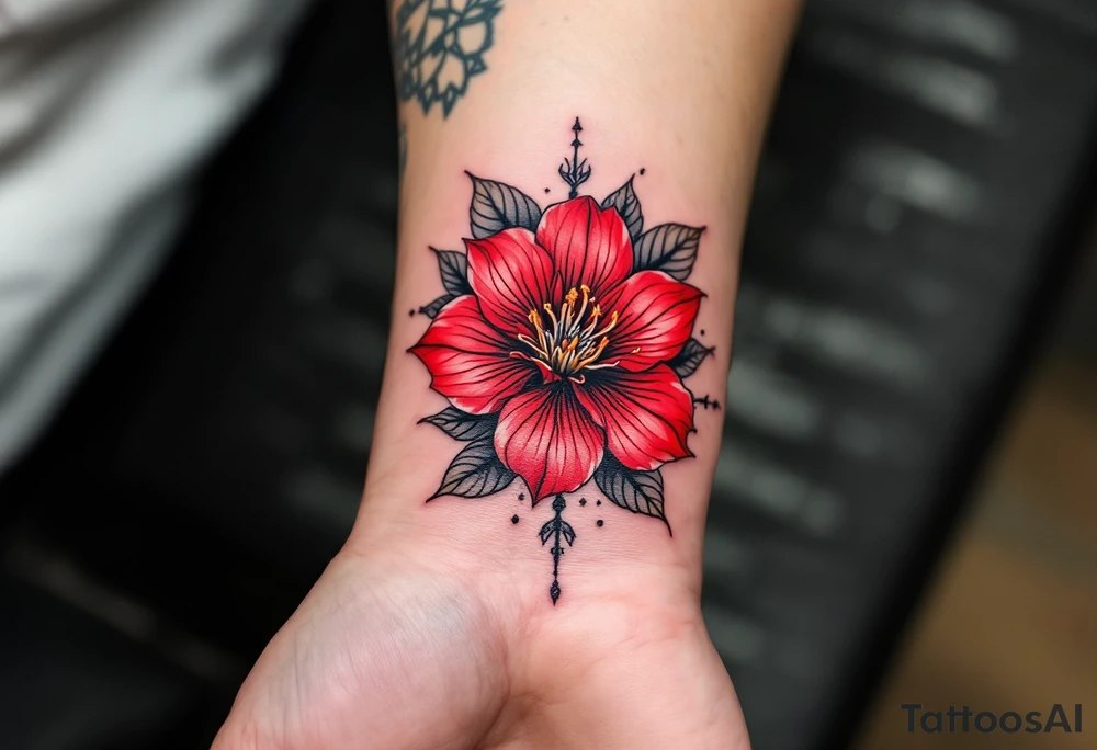 red  and black rhododendron trippy with mandala behind tattoo idea
