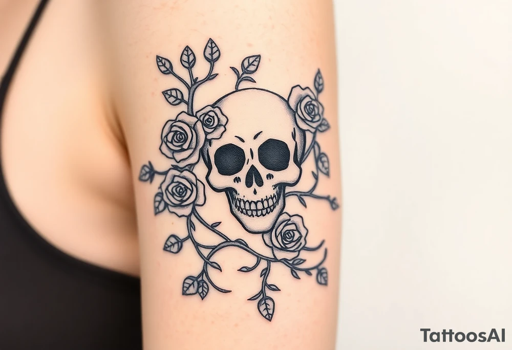gothic skull intertwined with climbing roses and thorny vines tattoo idea