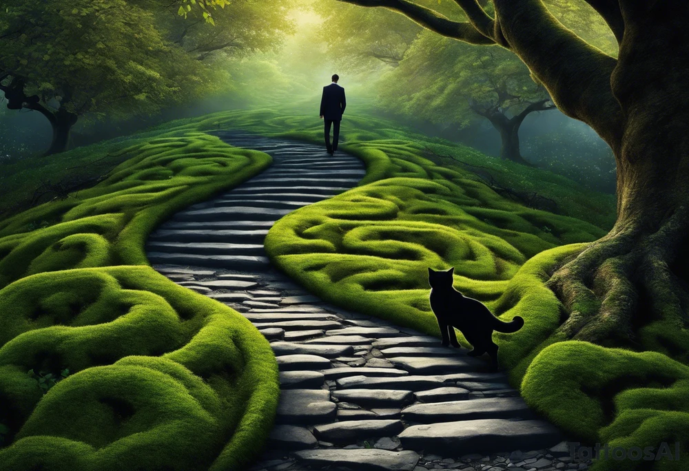 A winding uneven stone path, either side is mystical looking flora and tree roots, the path ends in a bundle of treee roots that turn into a galaxy. walking the path is a black sillouette of a man in a suit with a cat walking next to him, spread out randomly along the design are three other cat silhouettes hiding in the borders. at the very end of the path is a black silhouette of a woman in a dress holding an umbrella facing to her left.

this needs to work as a full sleeve tattoo tattoo idea