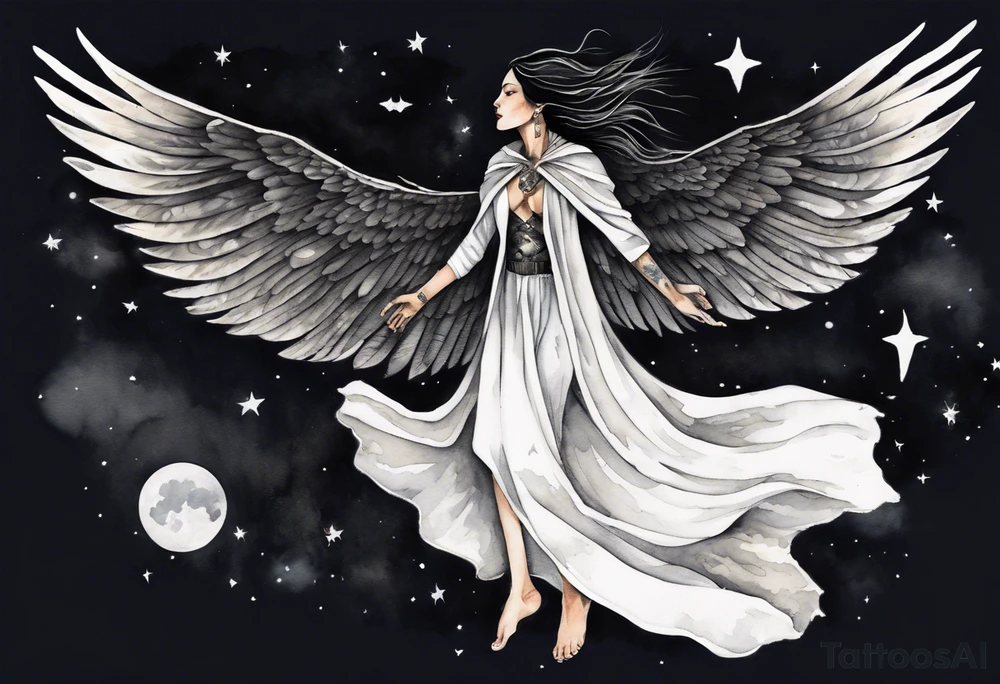 a beautiful 45 year old Dakota woman flying in the night sky with black wings, wearing a black and white cloak, bare feet tattoo idea