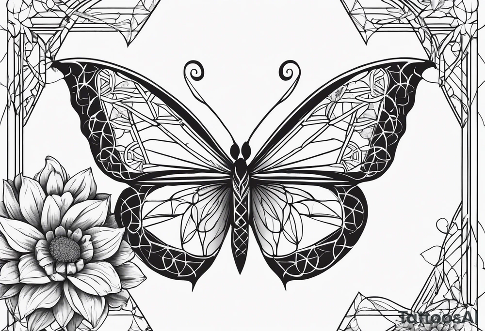 Black and white outline of sacred geometric shapes with fading flower of life and butterfly tattoo idea
