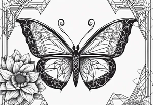 Black and white outline of sacred geometric shapes with fading flower of life and butterfly tattoo idea