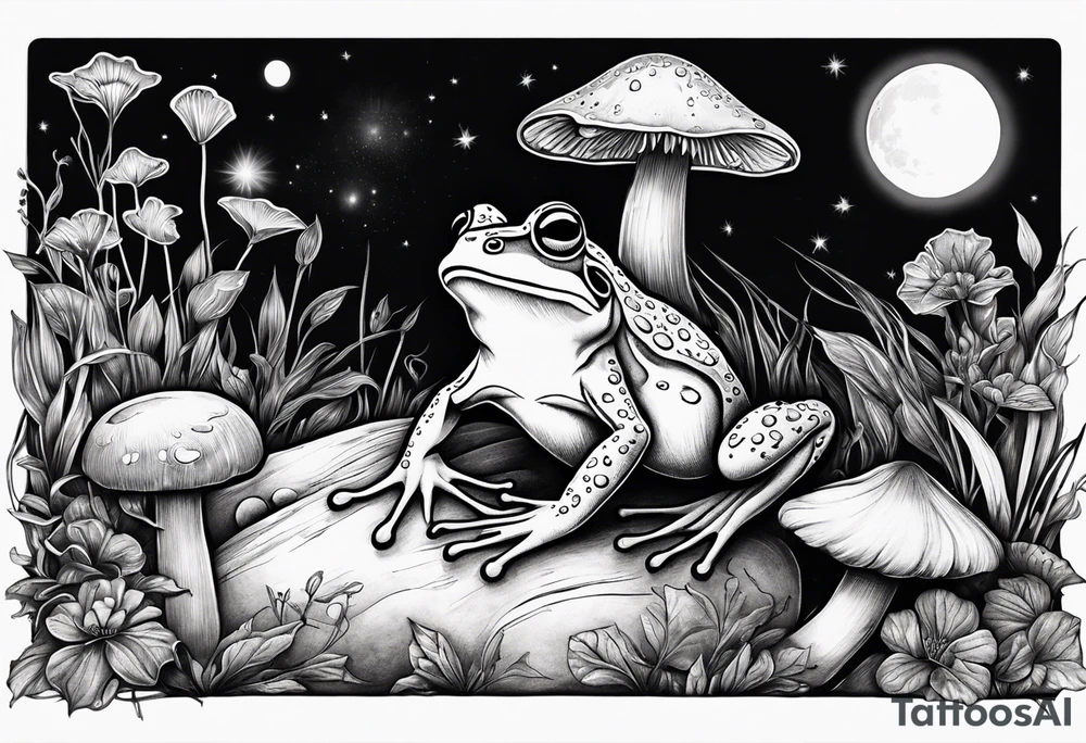 dancing frog on two feet under the moon mushroom in the Background mystical tattoo idea