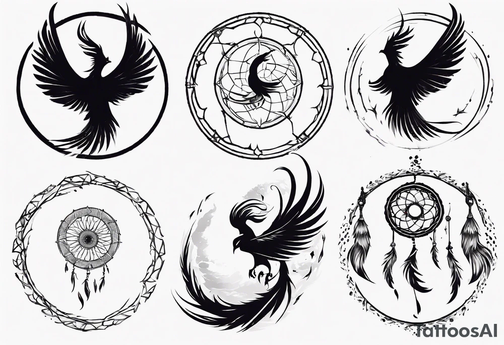 Vertical open mouthed flying Phoenix in circle with long abstract dream catcher tail tattoo idea Vertical open mouthed flying Phoenix in circle with long abstract dream catcher tail tattoo idea
