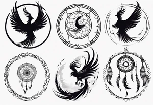 Vertical open mouthed flying Phoenix in circle with long abstract dream catcher tail tattoo idea