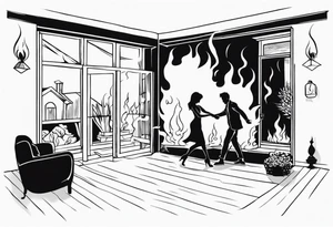 two people slow dancing in a burning room but the outside of the house is burning tattoo idea