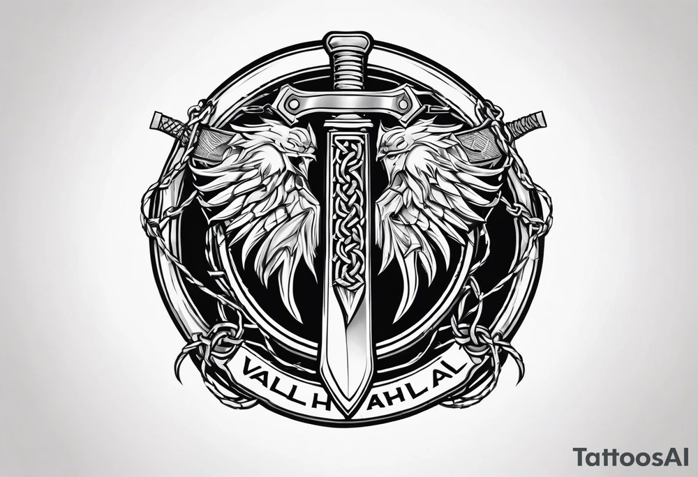 Valhalla round shield axe barbed wire chains tattoo idea
