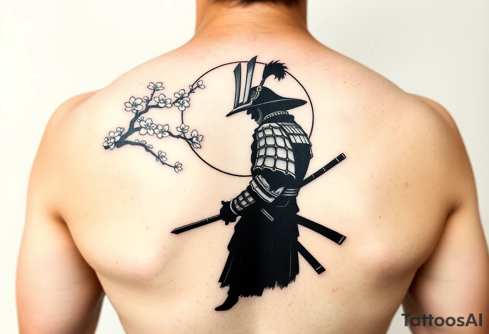 noble samurai warrior silhouette at sunset with cherry blossoms tattoo idea