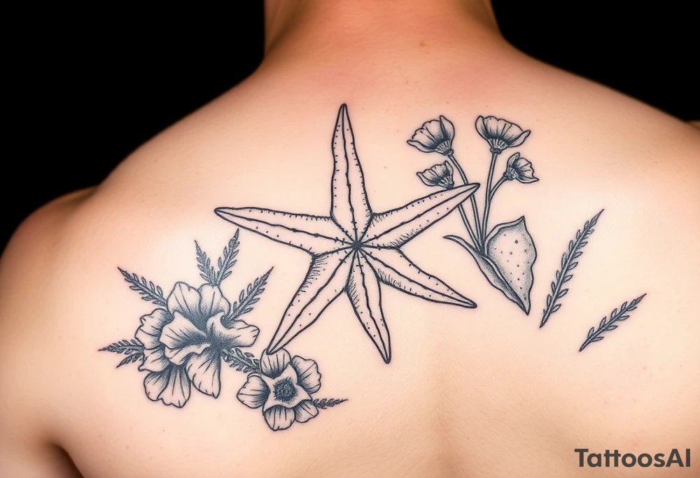 Starfish and sea flora done in the style used during World War Two tattoo idea