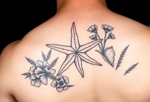 Starfish and sea flora done in the style used during World War Two tattoo idea