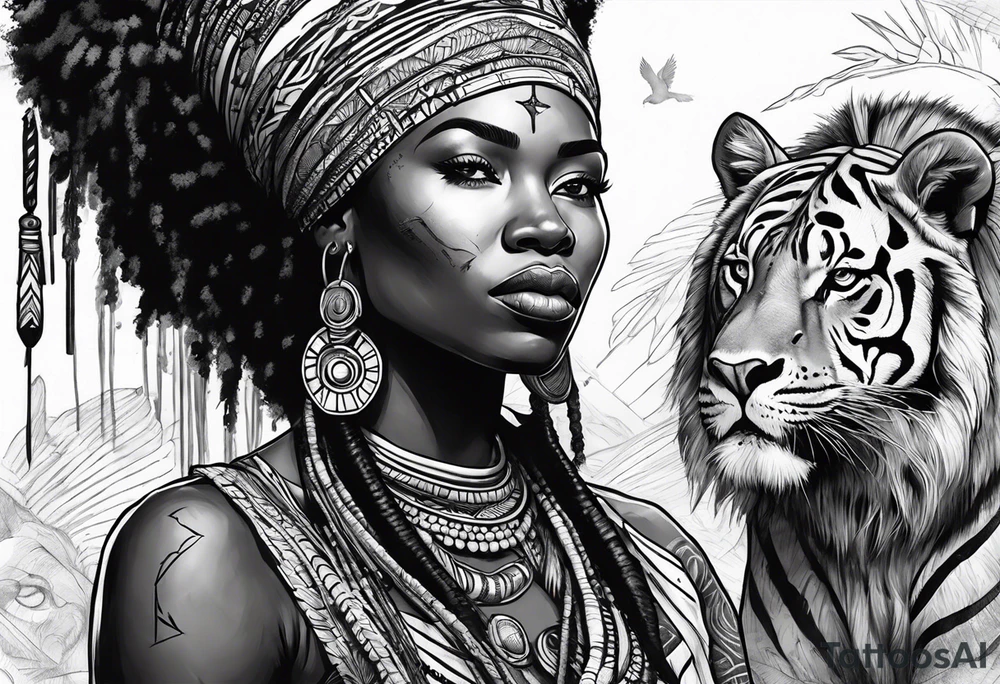 African woman warrior with tribe scars and spear in hand with animals in background tattoo idea