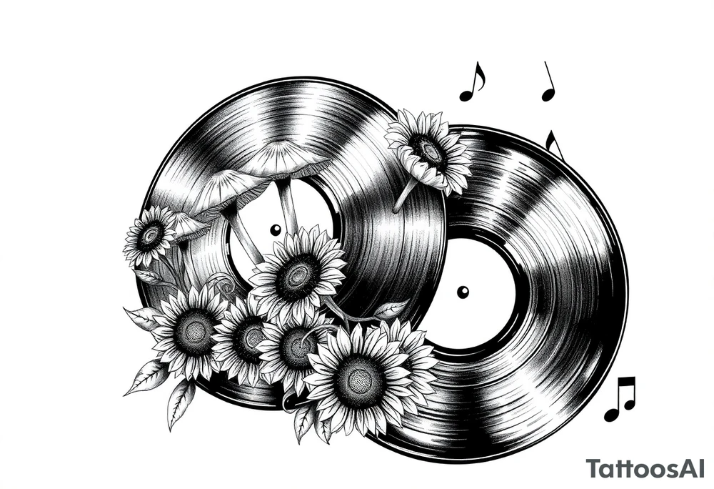 two overlapping vinyl records with mushrooms, sunflowers, and music notes tattoo idea