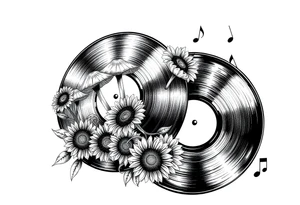 two overlapping vinyl records with mushrooms, sunflowers, and music notes tattoo idea