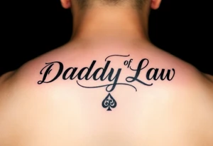 Lettering in calligraphy/cursive that says:
Property of
Daddy Law

(Somewhere in there a queen of spades. 
Area of tattoo: ass
) tattoo idea