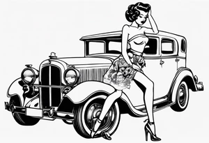 Pinup doll sitting inside an old vintage car tattoo idea