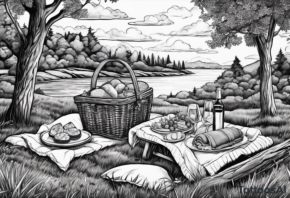 picnic scene in nature with a shecker blanket, a picnic basket and pillows. no food tattoo idea