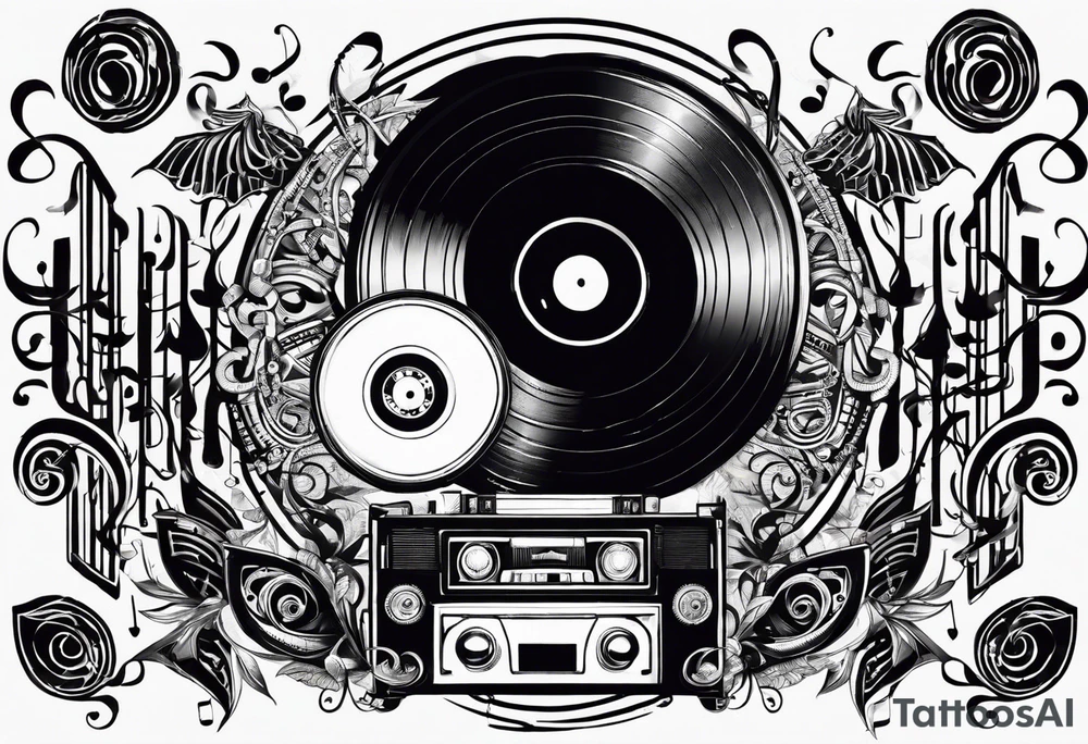 music notes surrounded by a record, a cassette tape, and saxophone parts tattoo idea