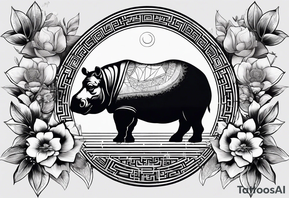 Very asymmetrical, +geometric pattern, with realistic full moon, with handsome hippo, +zen feel, + Buddhism touch, +tribal, +geometric, +inkart 
with wintersweet flower bud, +portrait orientation, +inkart touch, tattoo idea