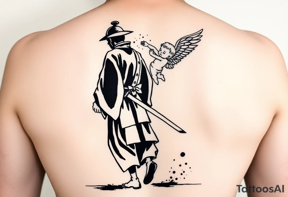 "Blackwork tattoo sketch of a lone samurai walking forward, shown in dramatic silhouette style. The samurai wears traditional kimono and hakama, holding a katana in one hand with the blade pointing downward. Behind him floats a small child angel with detailed feathered wings, gently touching the samurai’s back with one hand, as if stopping or guiding him. Strong contrast, dynamic ink splatter, rough brush strokes, Japanese sumi-e vibe, emotional and symbolic composition, high detail linework, no background." tattoo idea