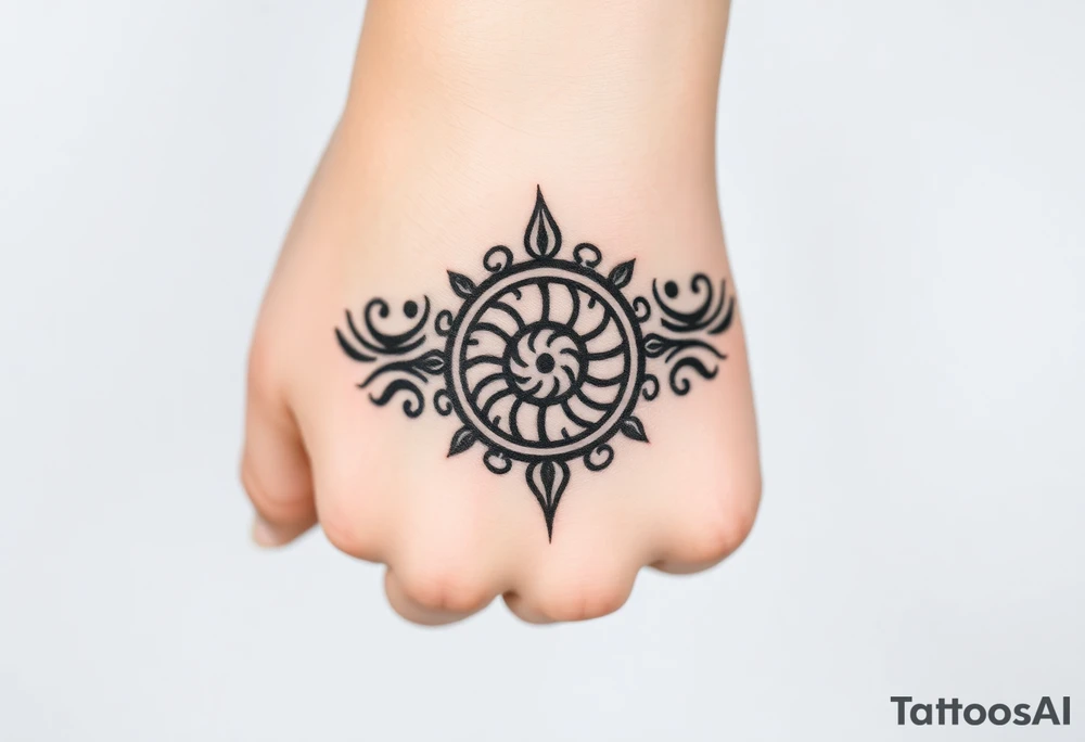 Create a tattoo that writes the Hindi word "Anichya" with A circle or spiral, which represents the cyclical nature of life and death tattoo idea