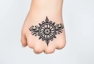 Create a tattoo that writes the Hindi word "Anichya" with A circle or spiral, which represents the cyclical nature of life and death tattoo idea