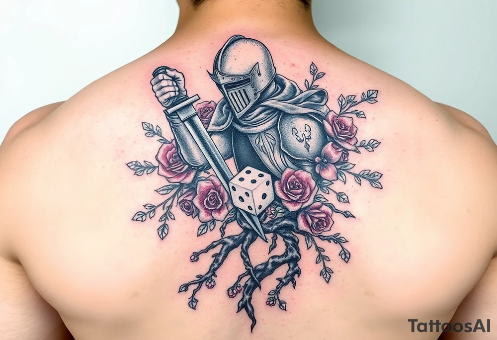 knight with sword and squid intertwined with climbing roses and tree roots with cherry blossoms rolling dice tattoo idea