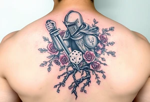 knight with sword and squid intertwined with climbing roses and tree roots with cherry blossoms rolling dice tattoo idea