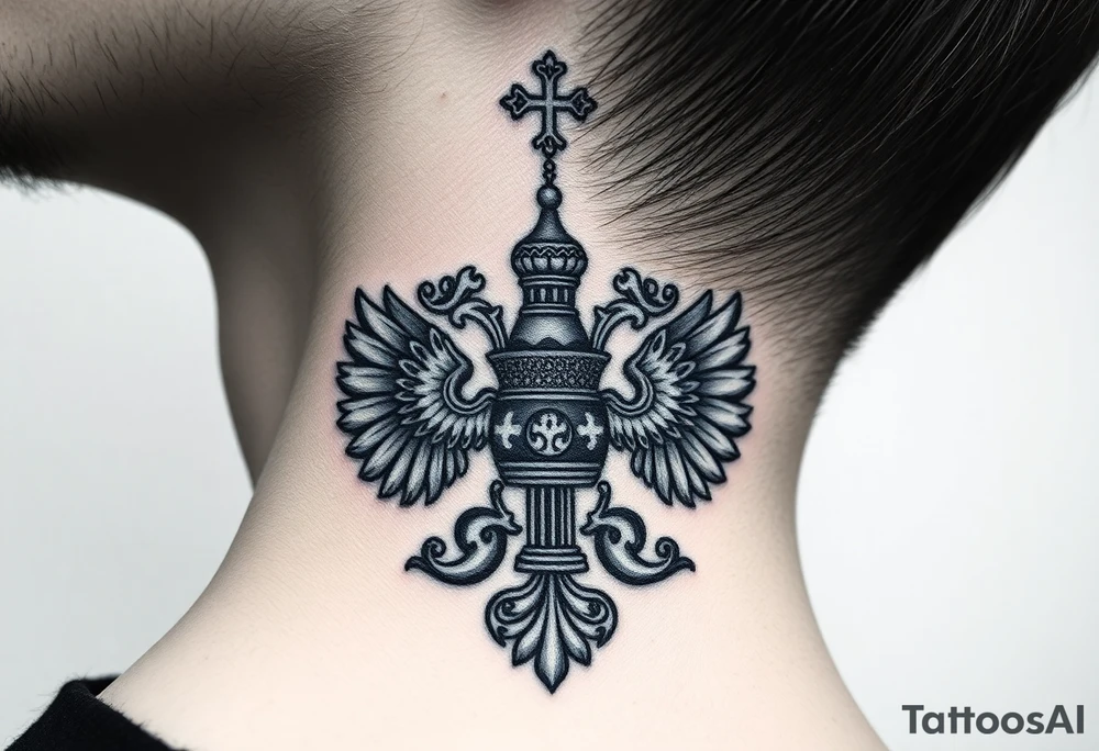 russian coat arms in a russian christian orthodox cross style virgin mary & orthodox dome church on the side of the neck tattoo idea