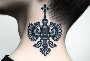 russian coat arms in a russian christian orthodox cross style virgin mary & orthodox dome church on the side of the neck tattoo idea