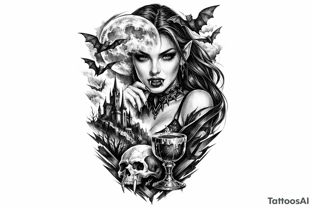 female vampire,bats,full moon. tattoo idea