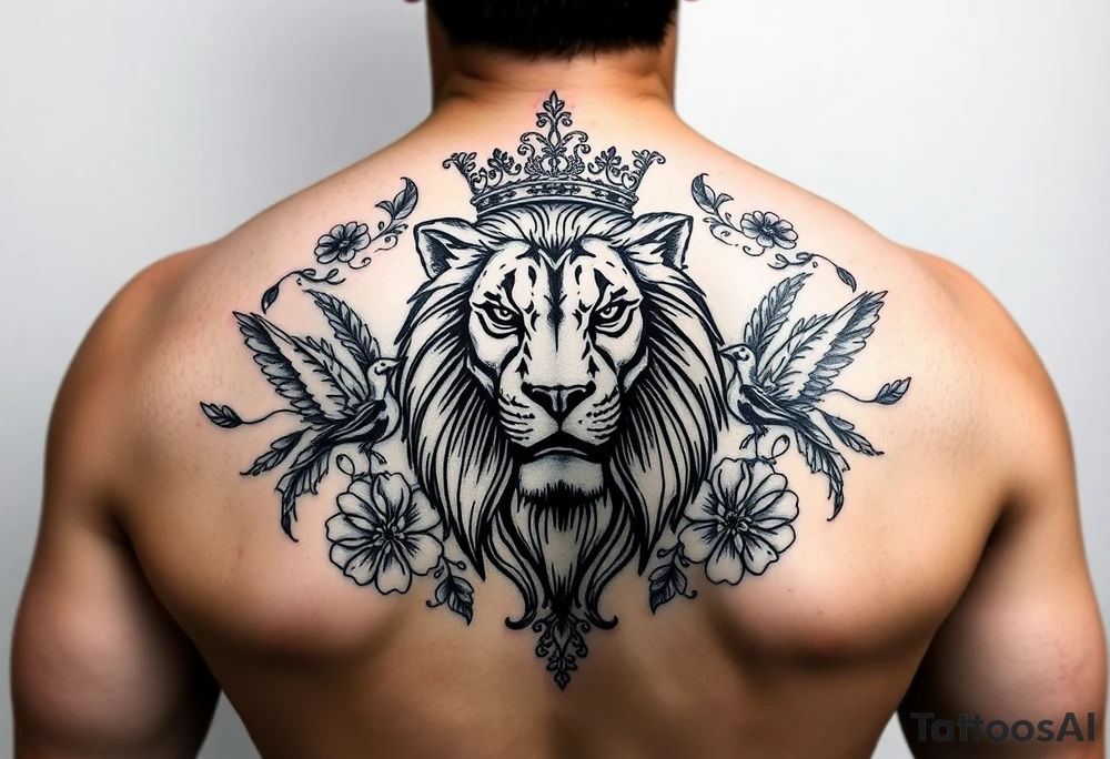 powerful majestic lion with a crown, surrounded by floral ornaments and birds tattoo idea