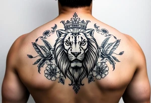 powerful majestic lion with a crown, surrounded by floral ornaments and birds tattoo idea