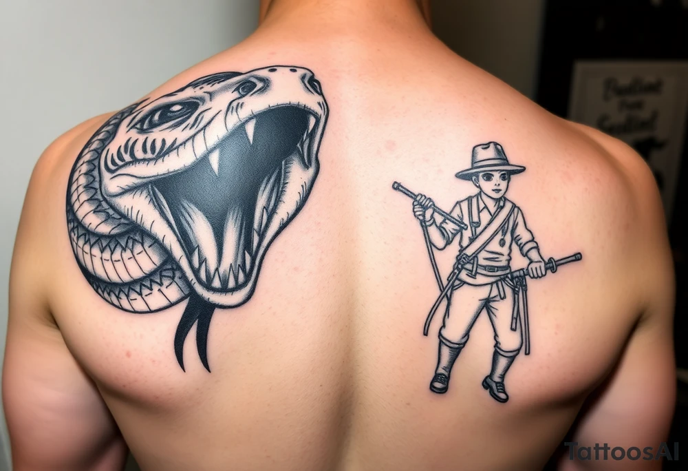 A snake with alien eyes full mouth of teeth and a guy with a saddle tattoo idea
