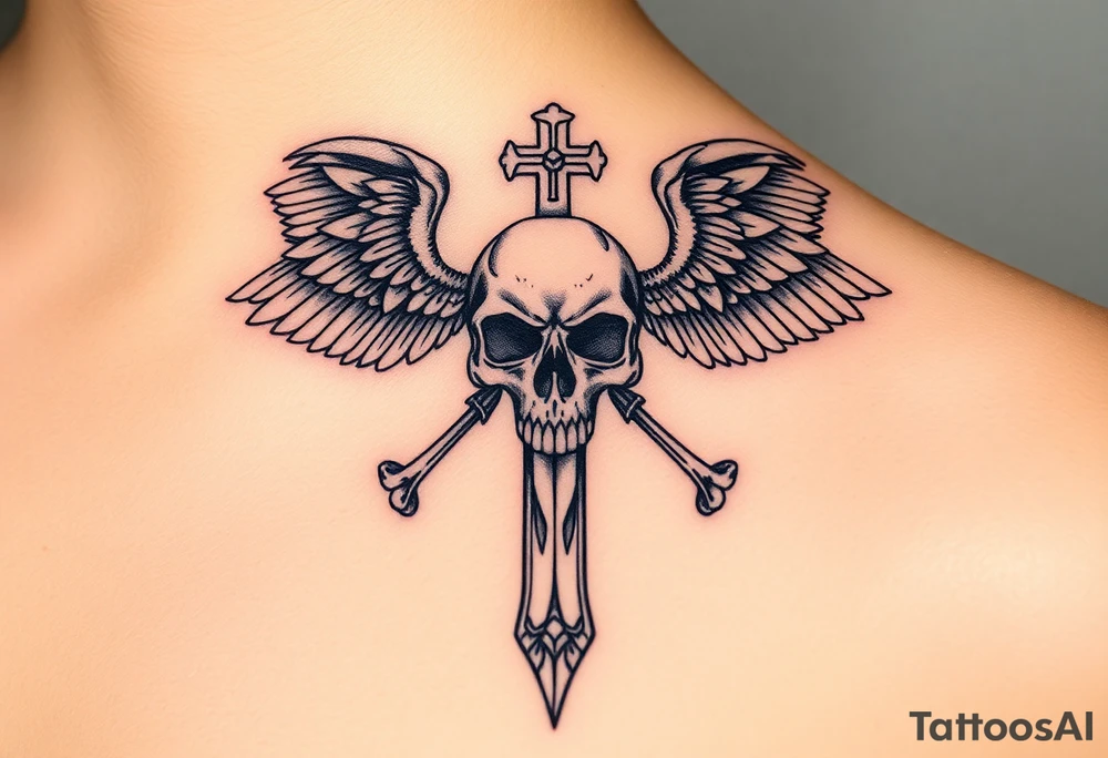 A cross covered in intricate skull engravings, with skeletal wings made of bone and ash tattoo idea