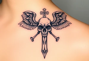 A cross covered in intricate skull engravings, with skeletal wings made of bone and ash tattoo idea