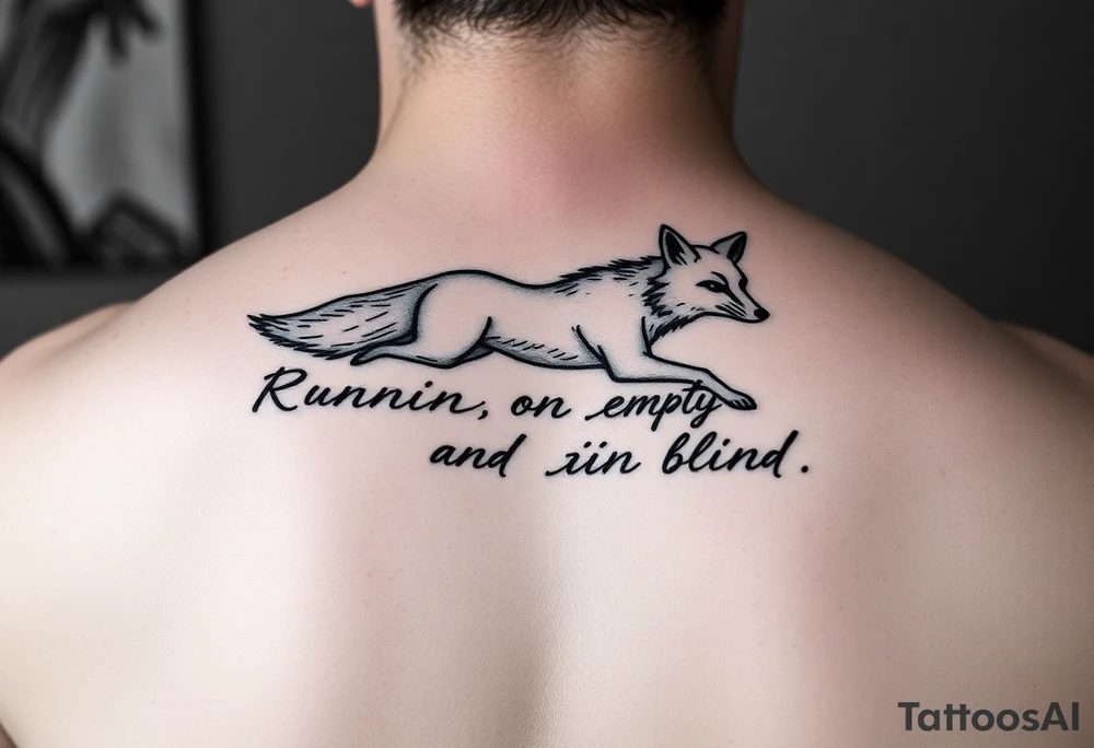 Lyrics to Jackson brownes runnin on empty. “Runnin on empty, runnin blind” with an outline sketch of a running fox separates the set of lyrics tattoo idea