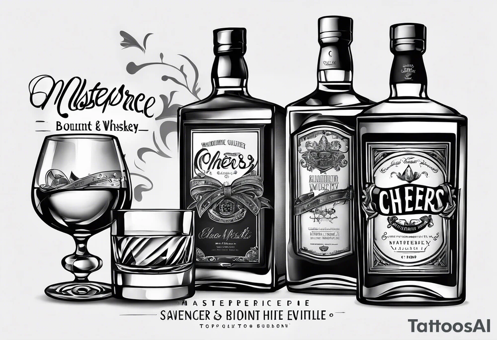 Cheers Mate text, armband +Cancer Ribbon + bourbon whiskey glass tattoo idea