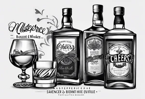 Cheers Mate text, armband +Cancer Ribbon  + bourbon whiskey glass tattoo idea
