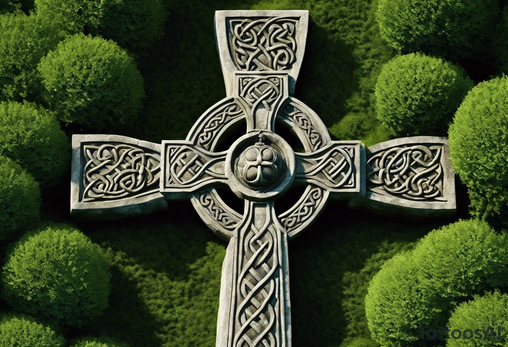 A large, weathered stone Celtic cross standing proudly atop a lush green hill, its four arms stretching skyward. The cross is intricately carved with intertwining knots and spirals, reflecting the artistry of the ancient Celts. A large raven sits perched at the intersection of the cross's arms, its ebony feathers gleaming in the soft light. The bird's eyes seem to hold a wisdom beyond its years, as if it has been witness to countless generations come and gone. tattoo idea