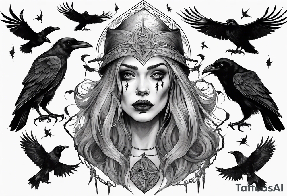 a norse witch with ravens in black and white tattoo idea