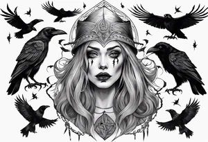 a norse witch with ravens in black and white tattoo idea