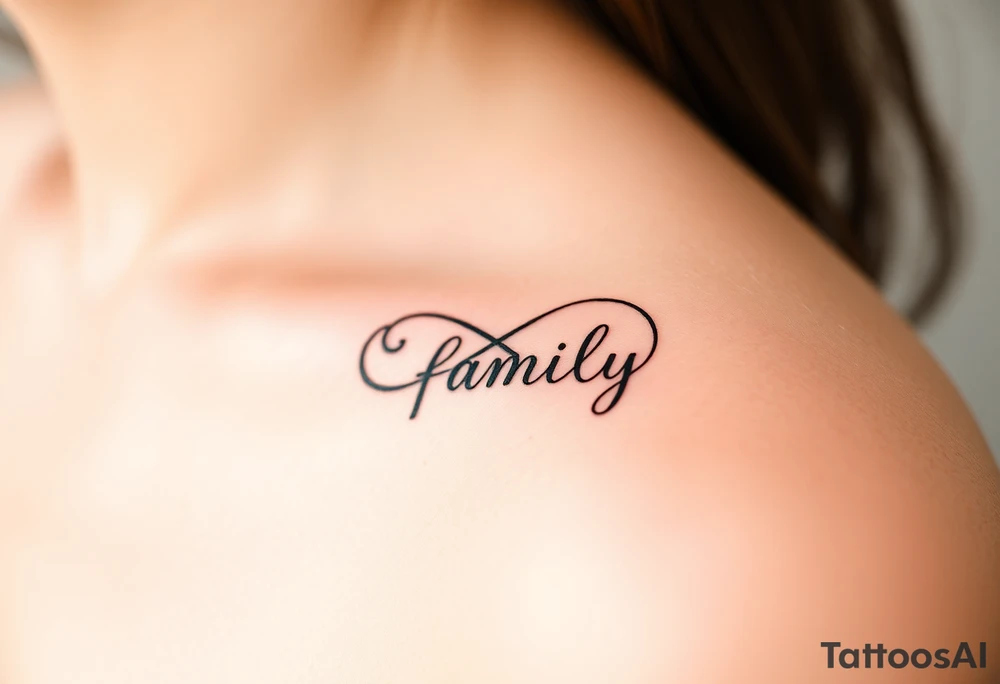 A flowing infinity symbol intertwined with the word "family" written in elegant cursive tattoo idea