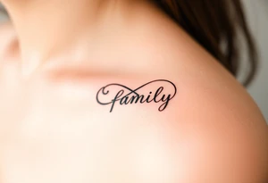 A flowing infinity symbol intertwined with the word "family" written in elegant cursive tattoo idea