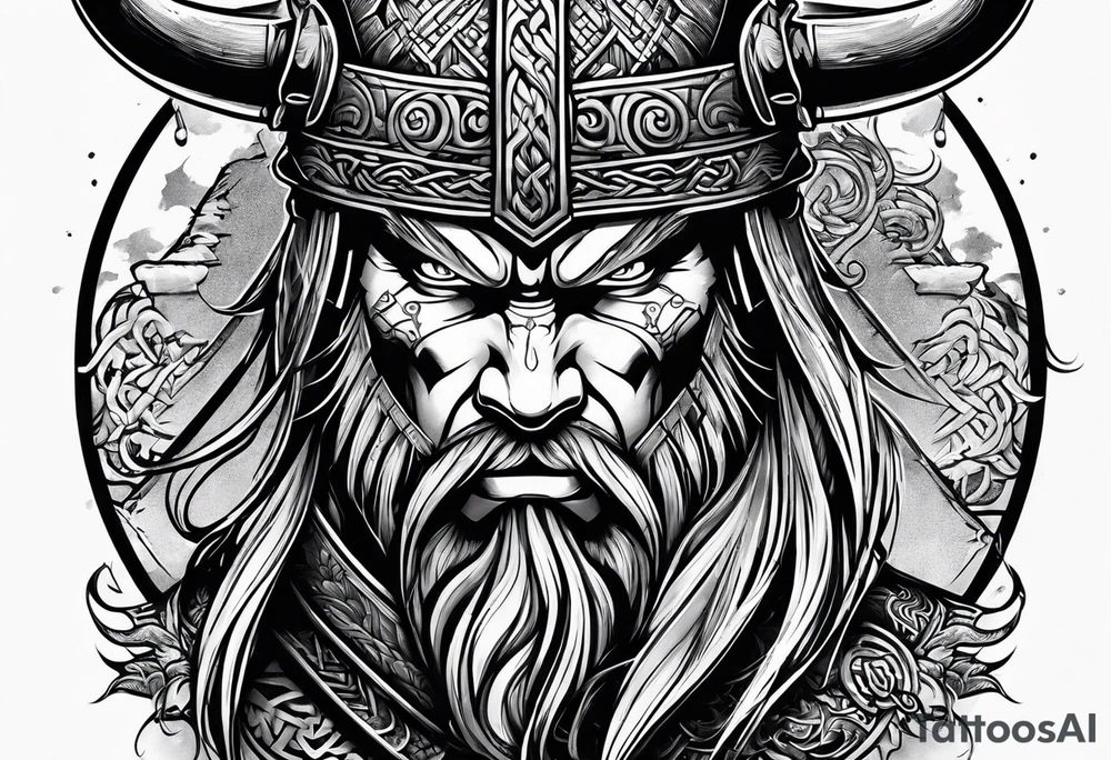 half face of a viking and half face of samurai tattoo idea