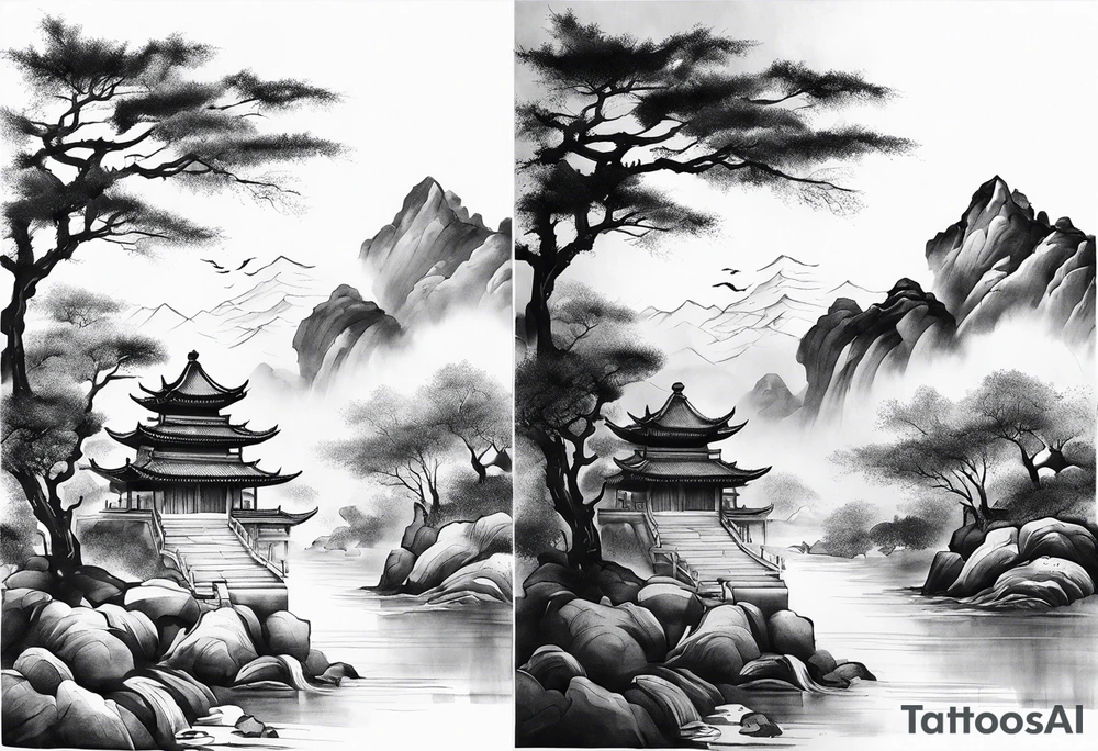 forearm sleeve traditional chinese art painting style autumn mountains mist fog water Chinese temple 2 male monks wearing robes  drinking tea tattoo idea