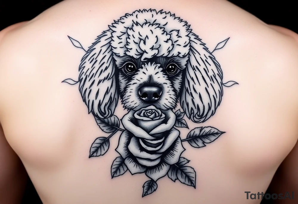 A poodle with a rose in its mouth and a cross behind its back tattoo idea