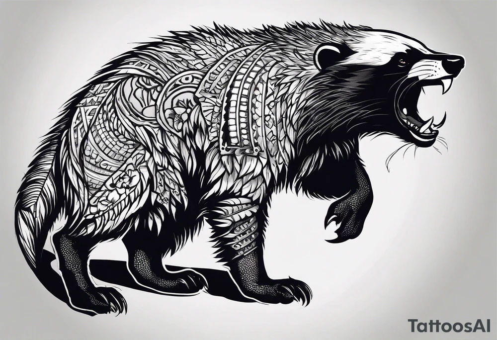 Draw me psychopath Fearless Honey Badger/Berserker with aggressive full body, killer face with a scary smile, very long nails and he attacks like a Bloody Assassin/Warrior/Gladiator to us and also, he has very deadly looking. He fights with his nails only. Everybody scares after their first sight. Give me horror type Badger Tattoo. I want to see his Realistic full body with no weapons. You can show destruction at the back. tattoo idea