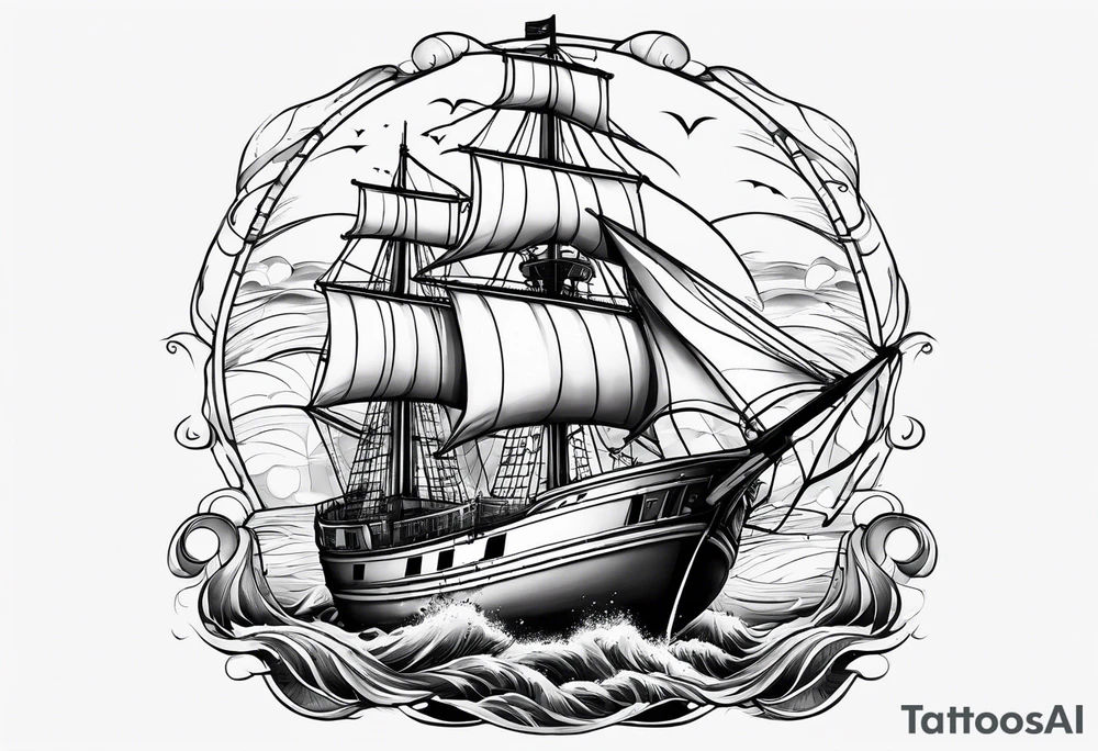 ghost marine lighthouse behind the bow of a sailboat. tattoo idea