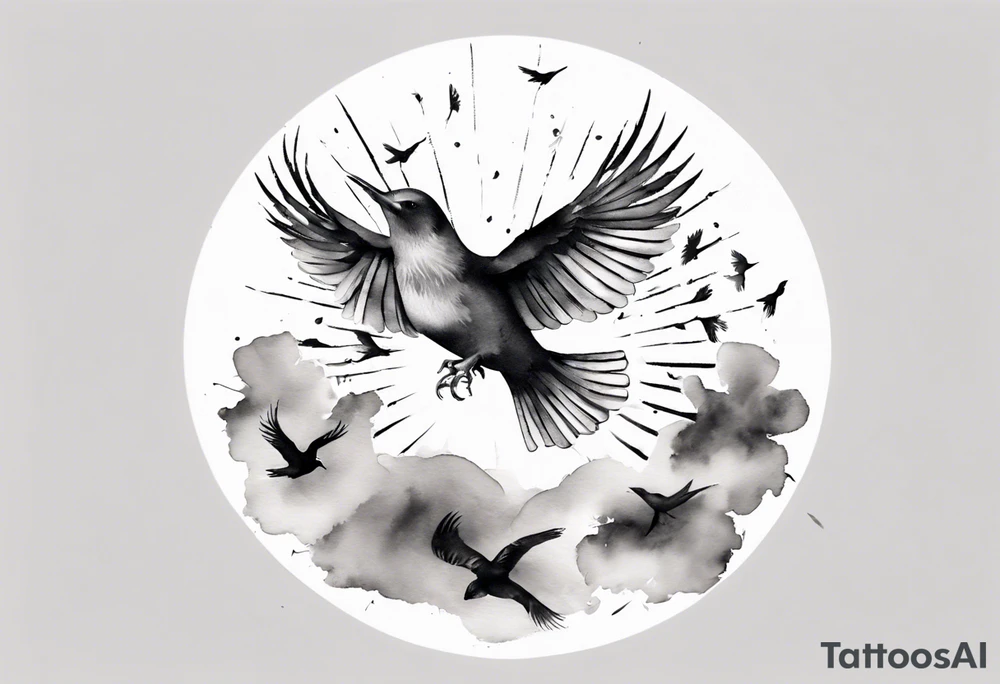 shoulder tattoo with light rays with birds flying free among the clouds, round shape, 3d effect tattoo idea