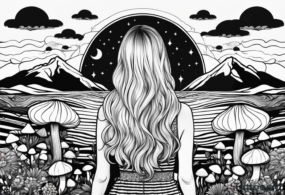 Straight blonde hair girl facing away toward mountains surrounded by mushrooms crescent moon mandala circular design black and white striped dress tattoo idea